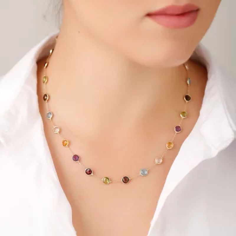 Multi Gemstone Station Necklace in 14 Karat Yellow Gold