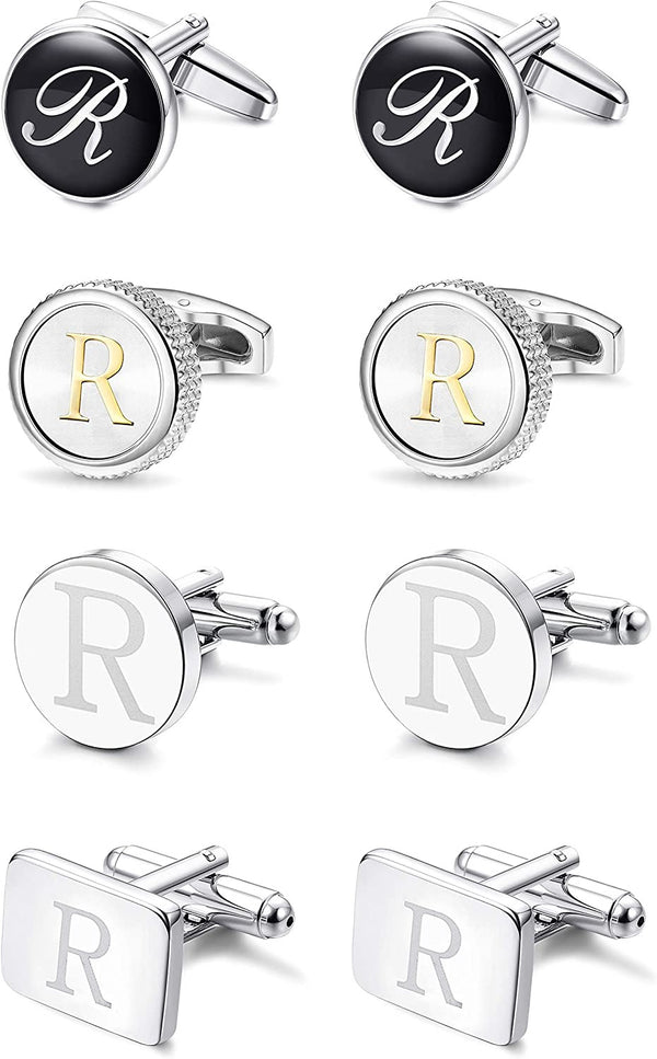 4Pairs Men'S Initial Letter Shirts Cufflinks Engraved Shirt Cufflink Alphabet Se