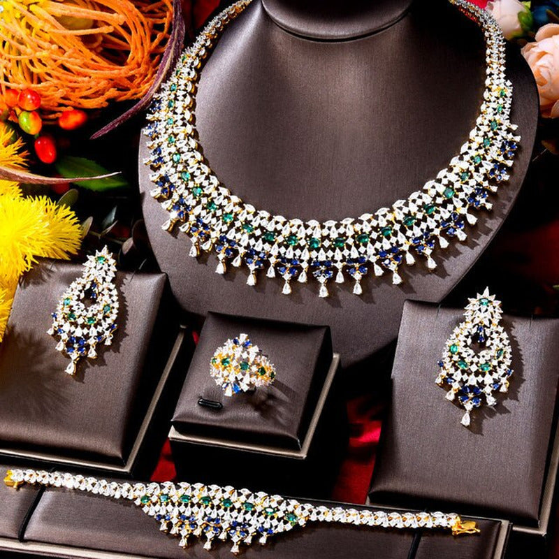 New Trendy Green Blue Mix UAE Jewelry Sets for Women Wedding Party Zircon CZ