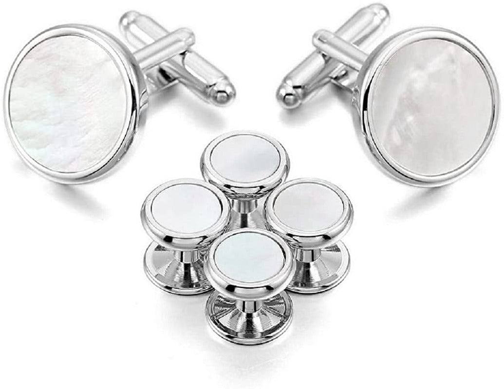 Mens Silver and White Mother of Pearl Tuxedo Cufflinks Studs Formal Set with Tra