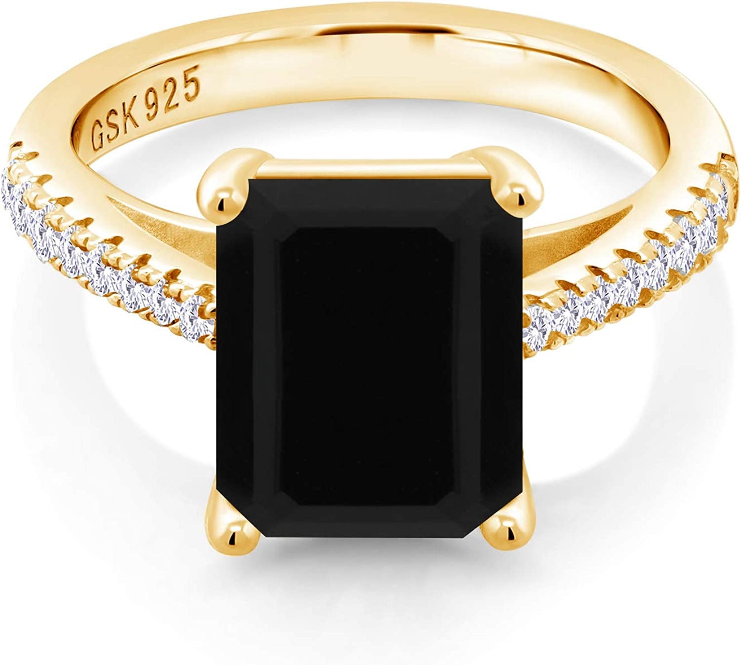 18K Yellow Gold Plated Silver Black Onyx and White Created Sapphire Ring for Wom