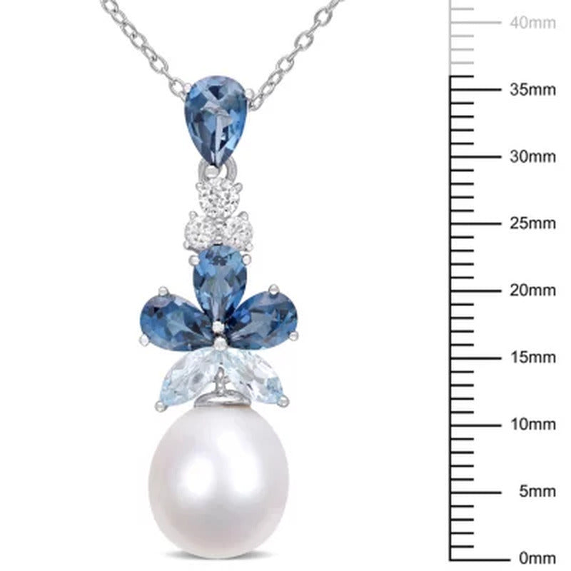 9.5-10 MM White Freshwater Cultured Pearl London-Blue Topaz Sky-Blue Topaz and W