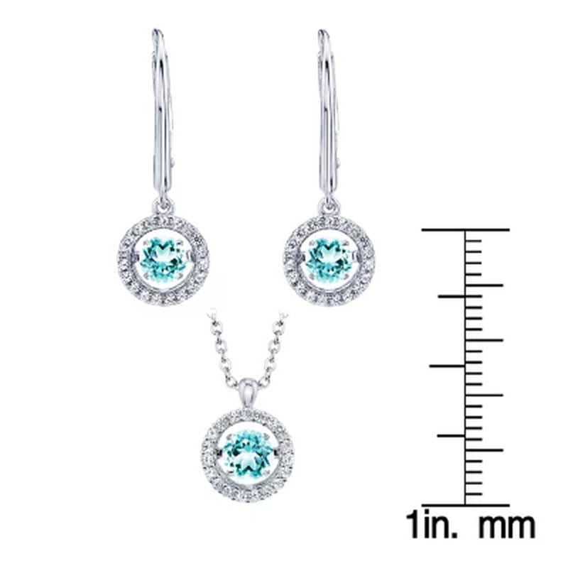 Dancing Aquamarine and Lab Created White Sapphire Pendant and Ear Set in Sterlin