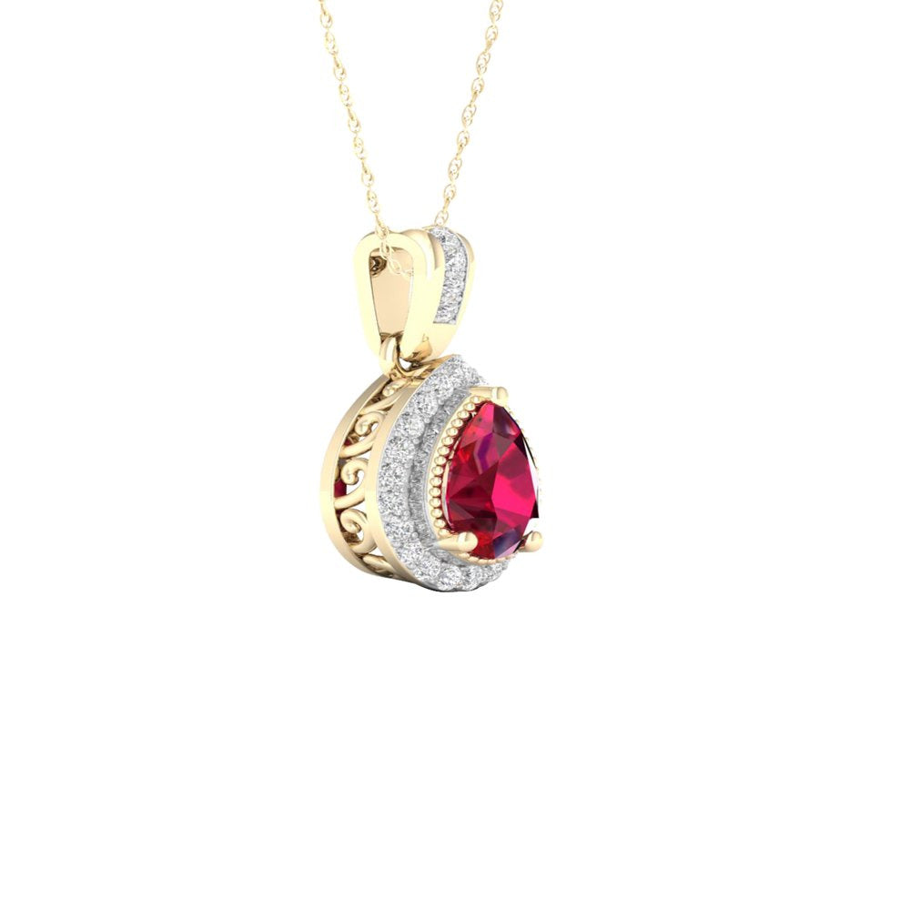 Imperial Gemstone 10K Yellow Gold Ruby 1/10 CT TW Diamond Halo Necklace