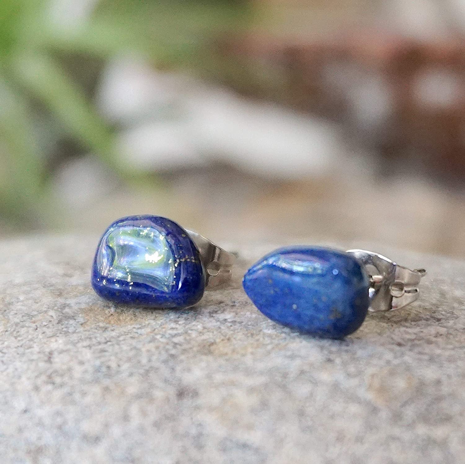 Raw Lapis Lazuli Earrings - Deep Blue Stud Earring - 5-10Mm Sterling Silver Stud