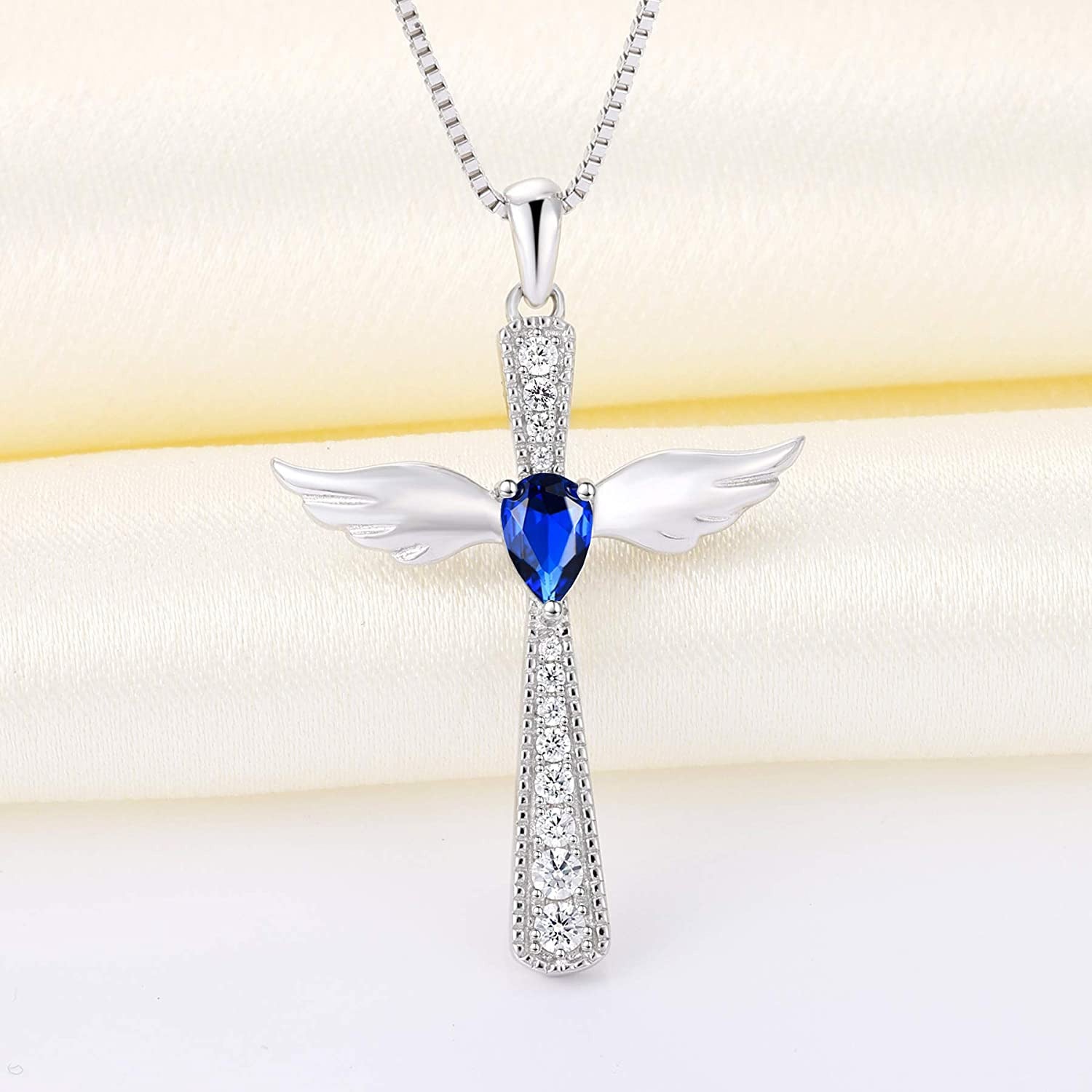 YL Cross Necklace 925 Sterling Silver Angel Wings Pendant Teardrop Cubic Zirconi