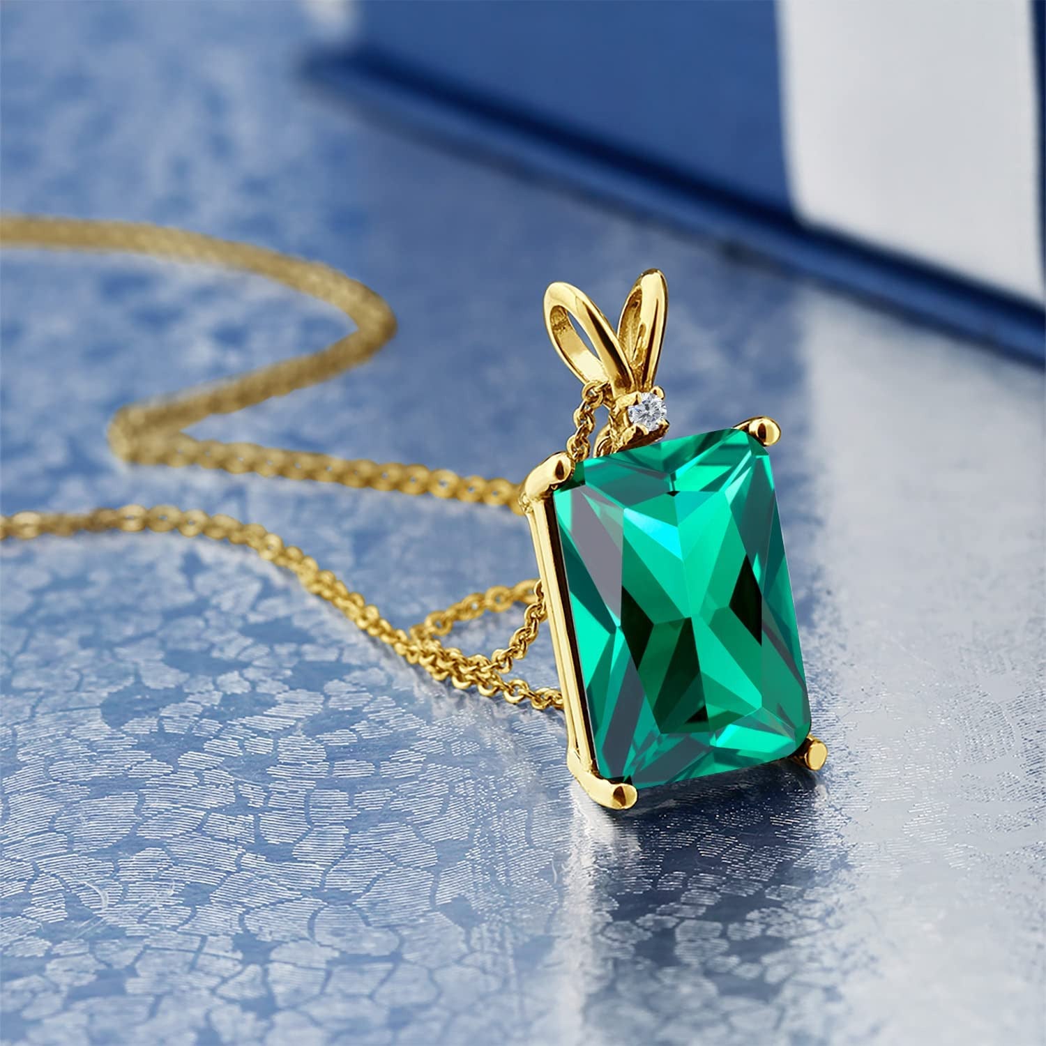 18K Yellow Gold Plated Silver Green Simulated Emerald and White Diamond Pendant