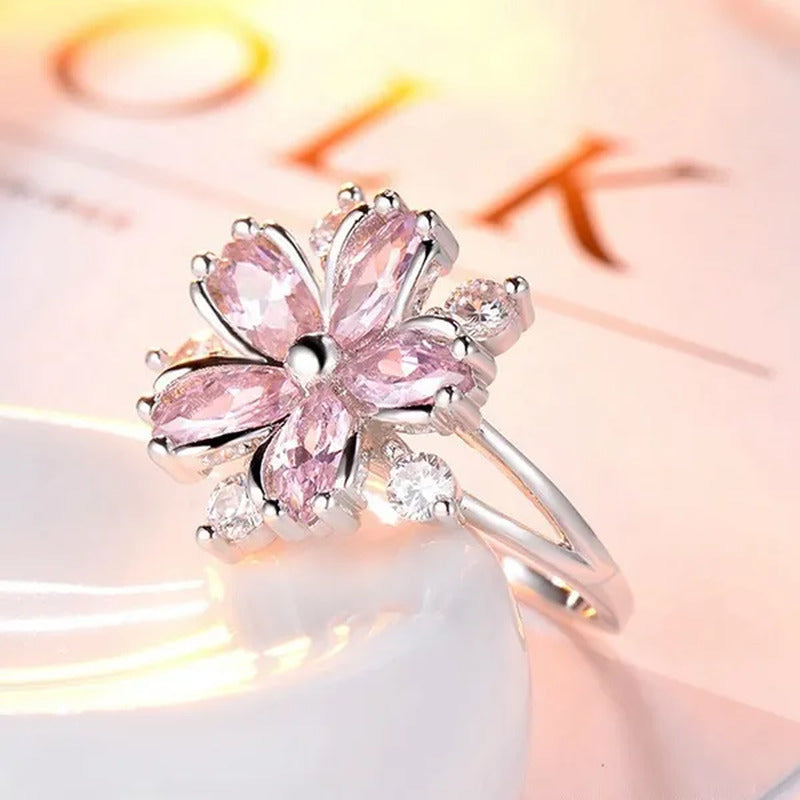 Elegant Women'S Flower Ring Luxury Pink Zircon Ring, Fashionable Flower Shape Wo