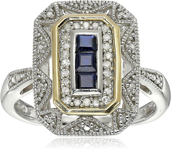 Sterling Silver and 14K Yellow Gold Blue Sapphire and Diamond Accent Art Deco-St