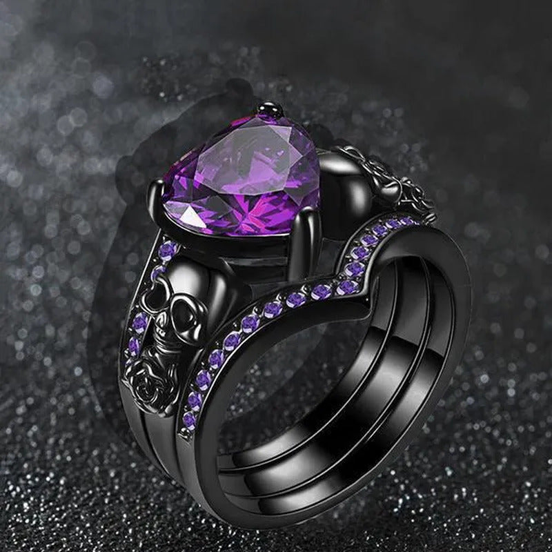 Gothic Black Rose Flower Skull Engagement Rings Set Red Purple Heart-Shaped Zirc