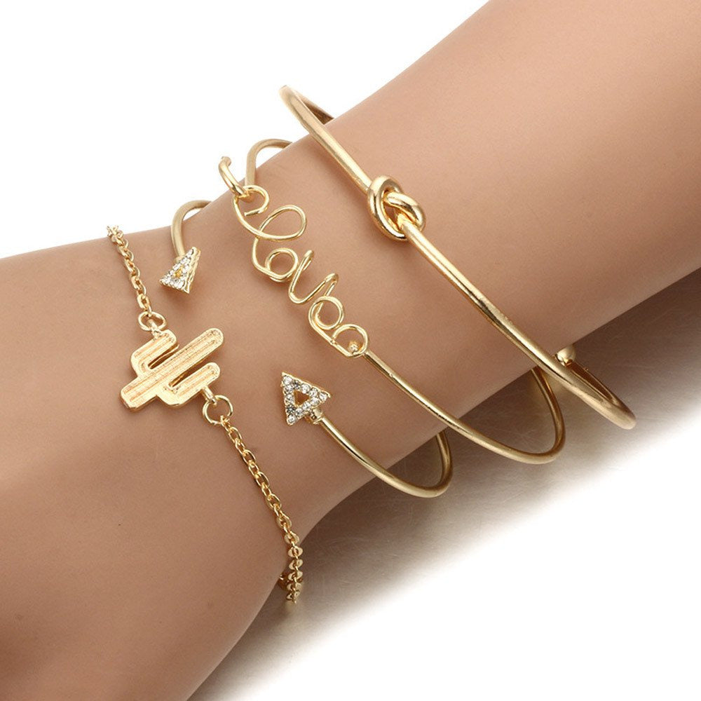 Opening Leaf Se Knot Love Gold Vintage Cuff Bangle Beautiful 4PC Bracelets Brace