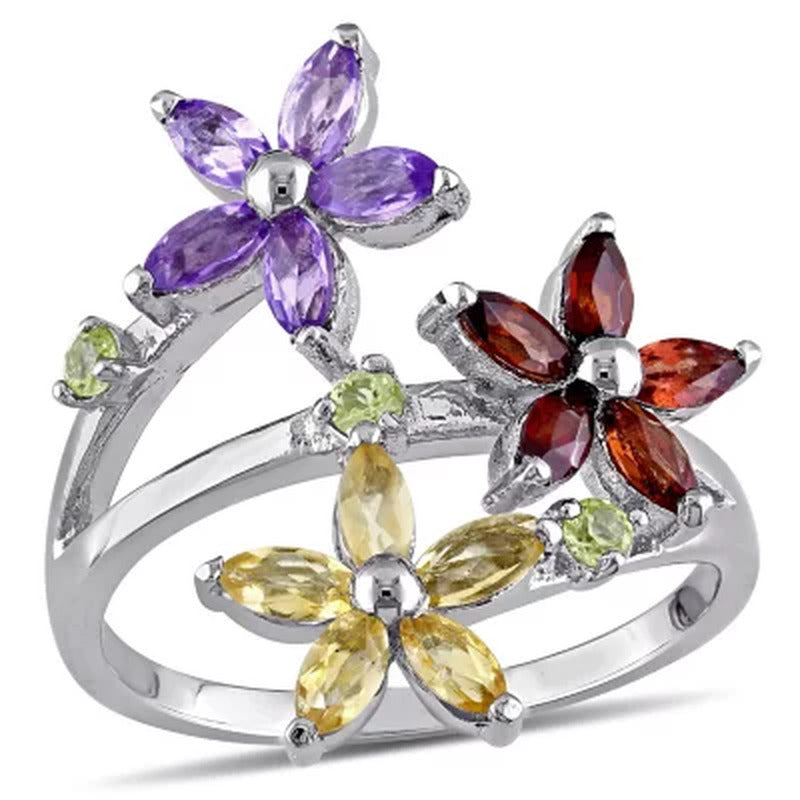 Garnet, Citrine, Amethyst and Peridot Floral Ring in Sterling Silver