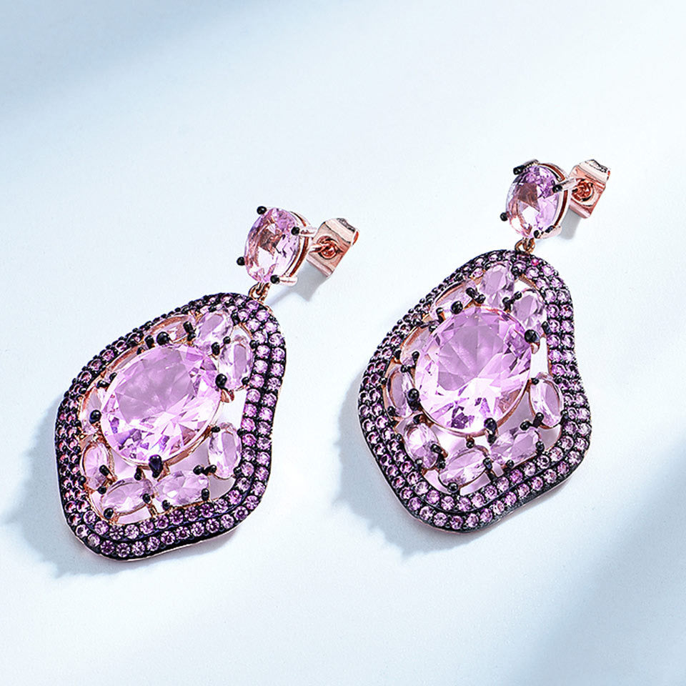 Atmospheric Long Diamond-Studded Geometric Oval Earrings