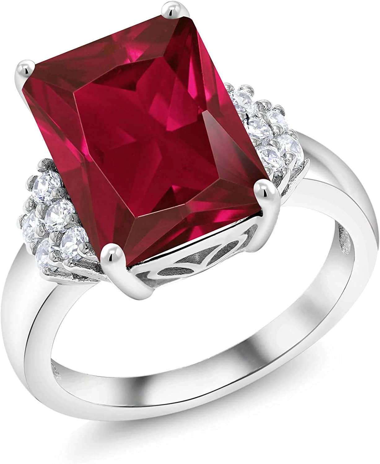 925 Sterling Silver Red Created Ruby Engagement Ring for Women (8.30 Cttw, Emera