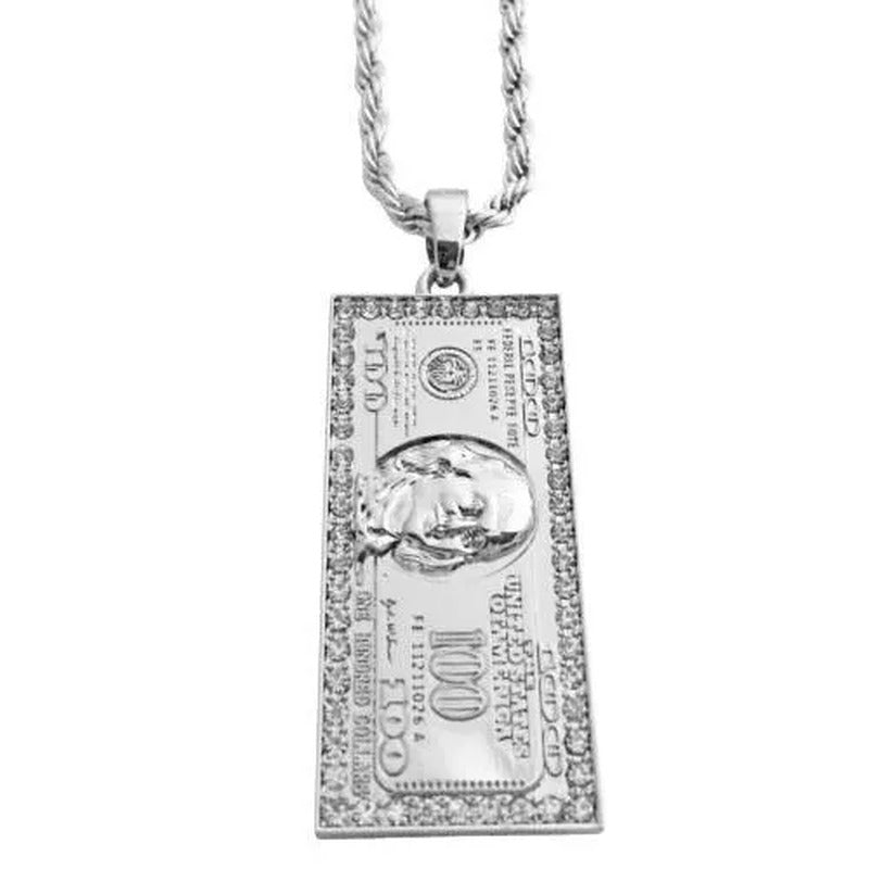 14K White Gold GP Large 100 Dollar Bill $100 Lab Diamond Pendant Necklace Chain