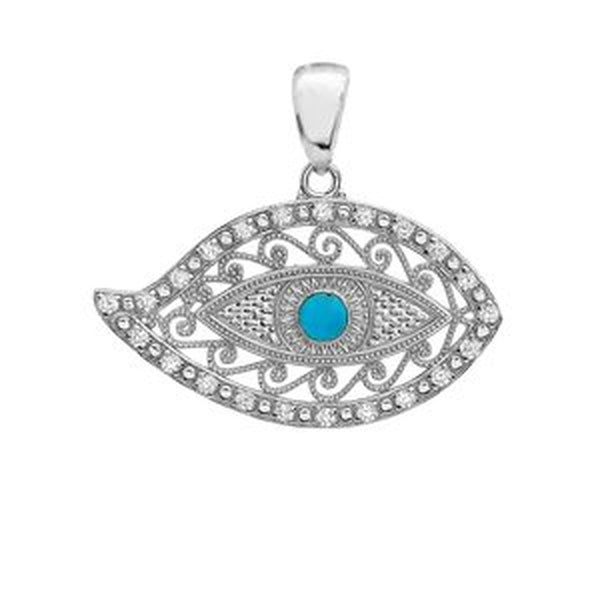 WHITE GOLD EVIL EYE DIAMOND PENDANT NECKLACE with TURQUOISE CENTER STONE : 10K P