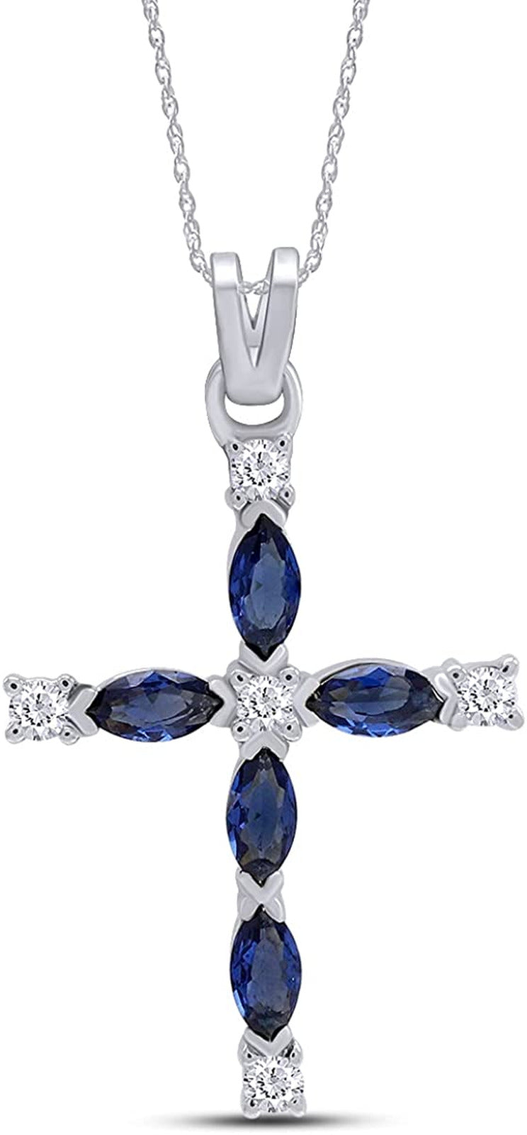 Marquise Cut Simulated Blue Sapphire White Diamond Cross Pendant Necklace in 10K