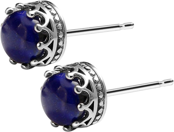 925 Sterling Silver Inlay Gemstone Earrings Crown Design Healing Crystals Studs