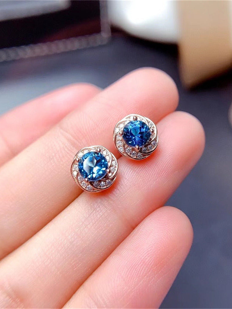 New Sapphire Natural London Blue Topaz Flower Stud Earrings