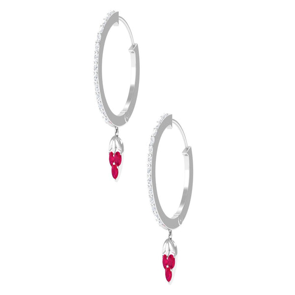 1/2 CT Ruby and Diamond Vintage Hoop Earrings for Women, 14K White Gold