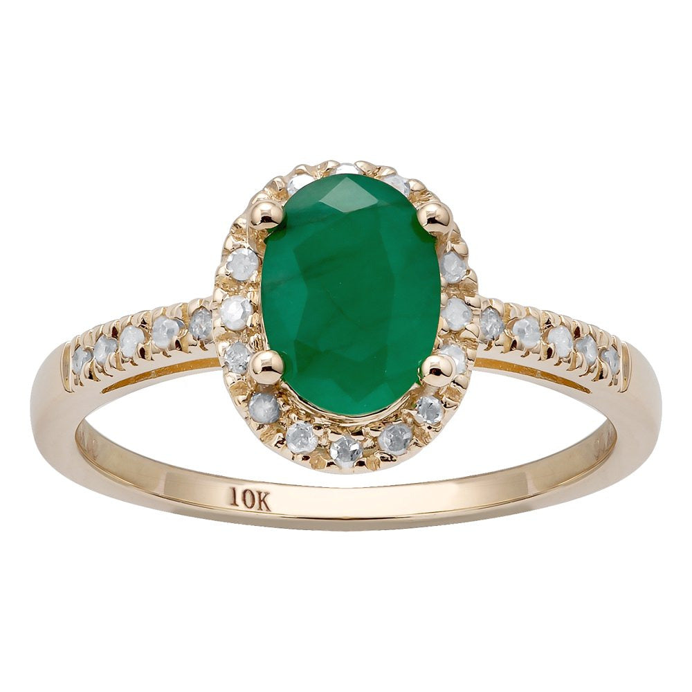 10K Yellow Gold Oval Emerald and Diamond Halo Ring