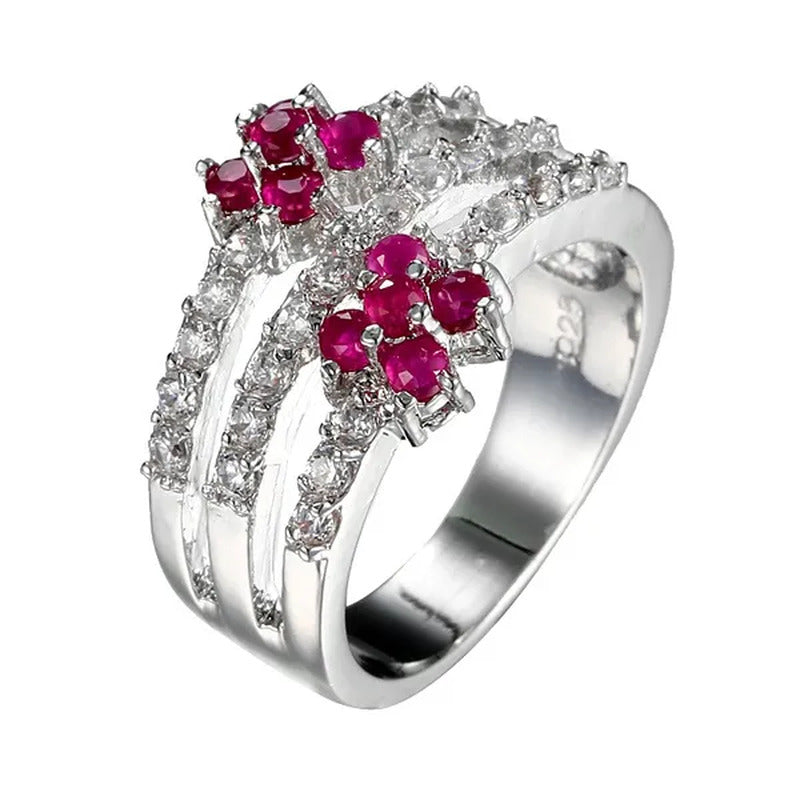 Fashion Women 925 Sterling Silver Red Ruby & White Topaz Branch Ring Bridal Wedd