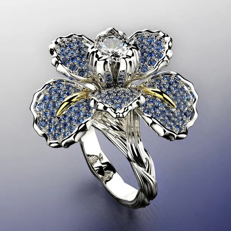 925 Silver Ring Iris Flower Two Tone Ring Blue Sapphire Flower Engagement Cockta