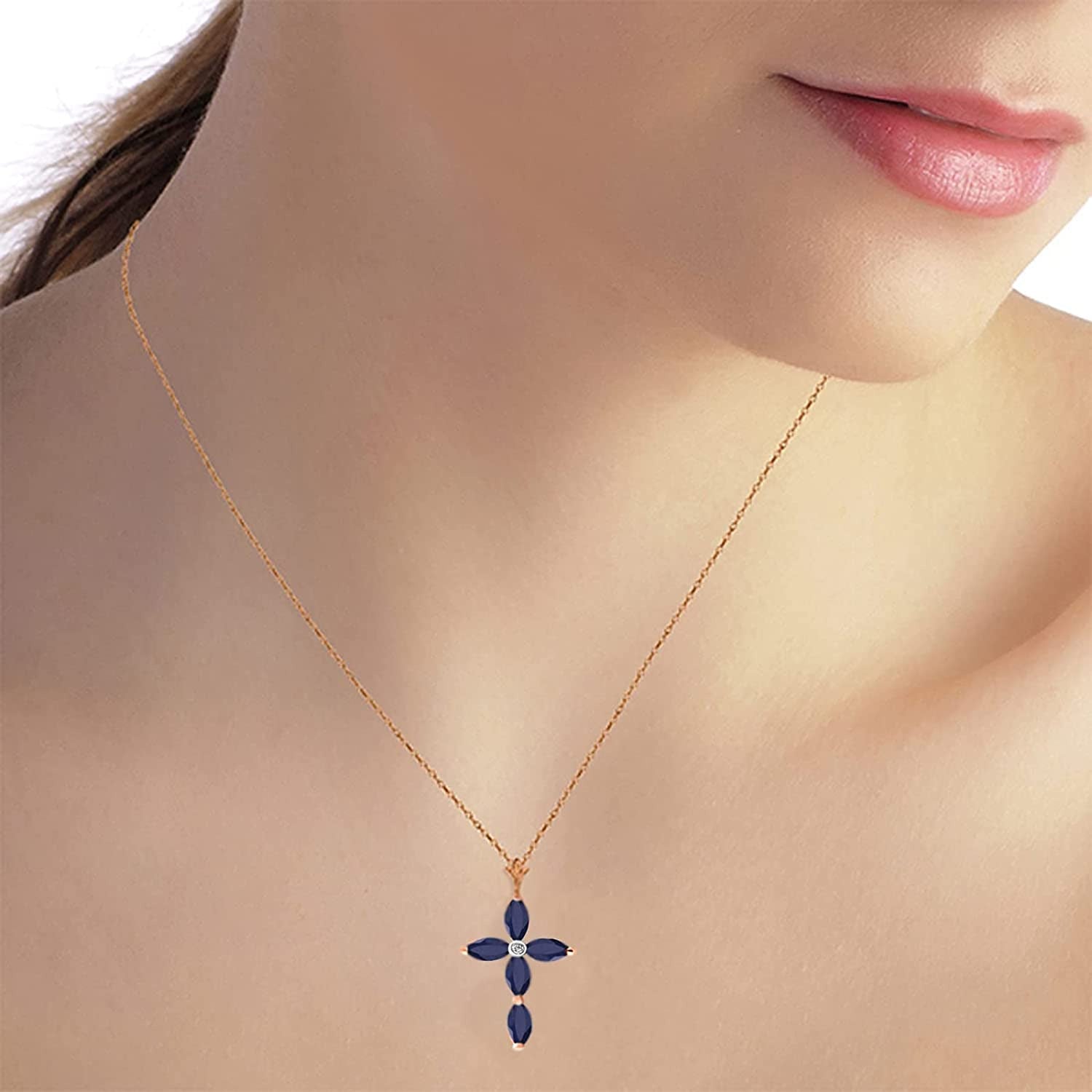 Galaxy Gold GG 14K Gold Genuine Diamond & Blue Sapphire Cross Pendant Necklace