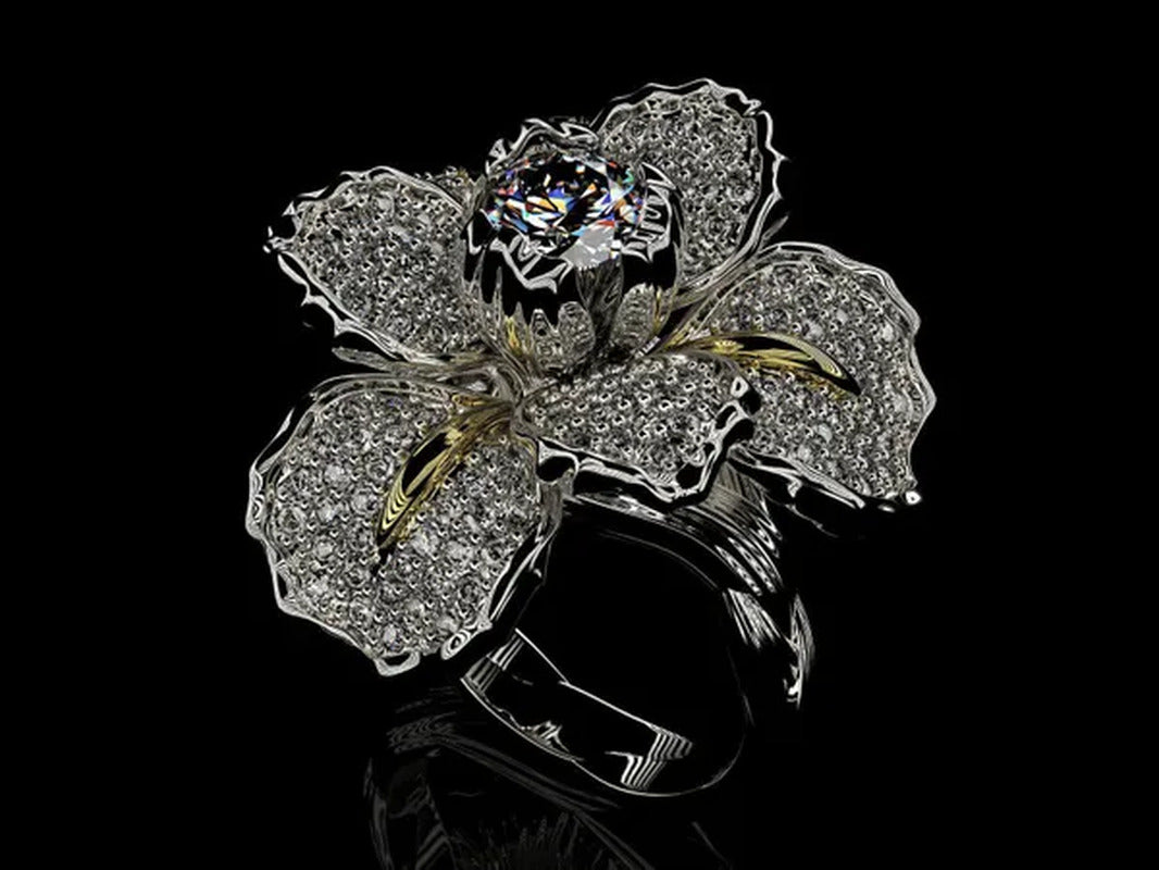 925 Silver Ring Iris Flower Two Tone Ring Blue Sapphire Flower Engagement Cockta