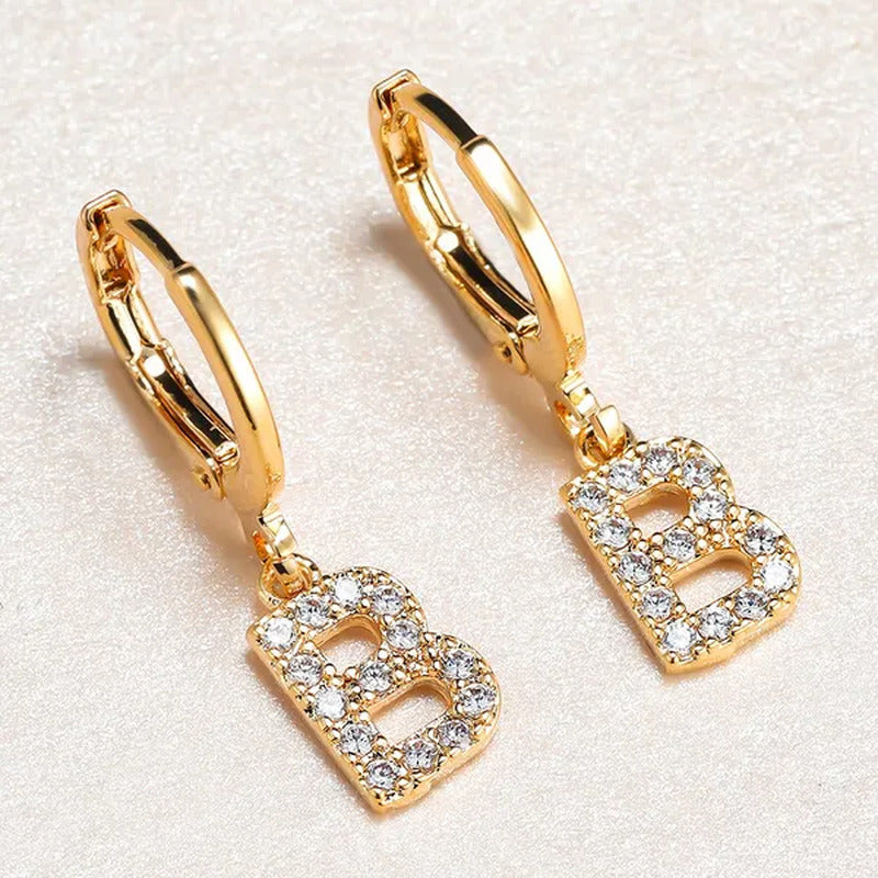 1 Pair 14K Gold Filled Cute Initial A-Z Letter Earrings CZ Zircon Diamond Gold S