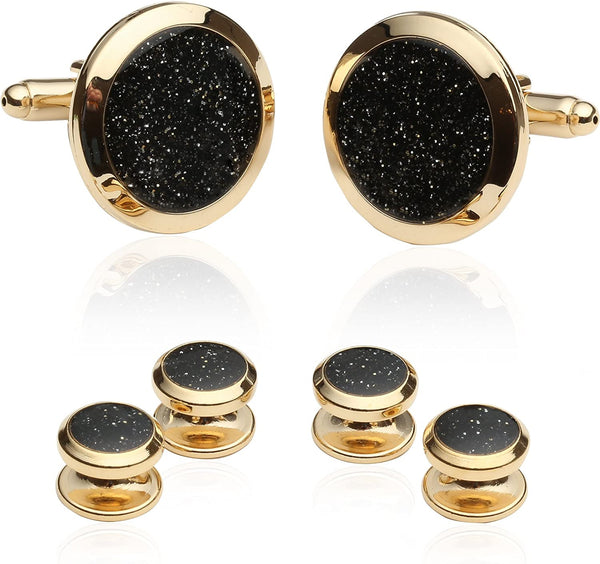 Mens Black Diamond Dust Gold Cufflinks and Studs Cuff Links with Jewelry Present