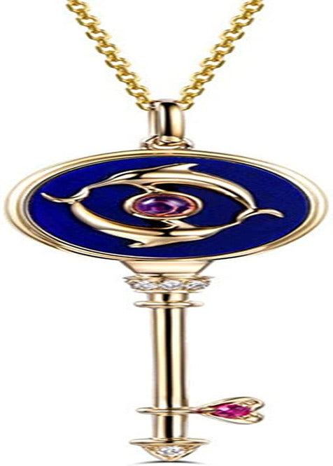 Lapis Lazuli Red Tourmaline Diamond Key Pendant Necklace Solid 14K Yellow Gold U