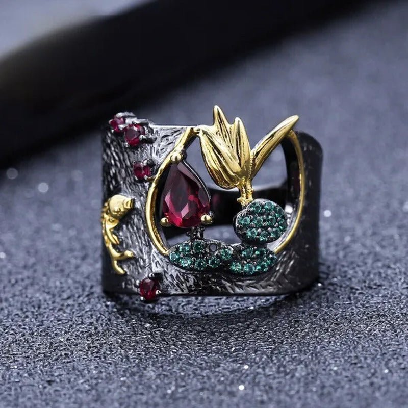 Latest Beautiful Flowers Luxury Vintage Fashion Jewelry Two-Tone Zircon Ruby Cut