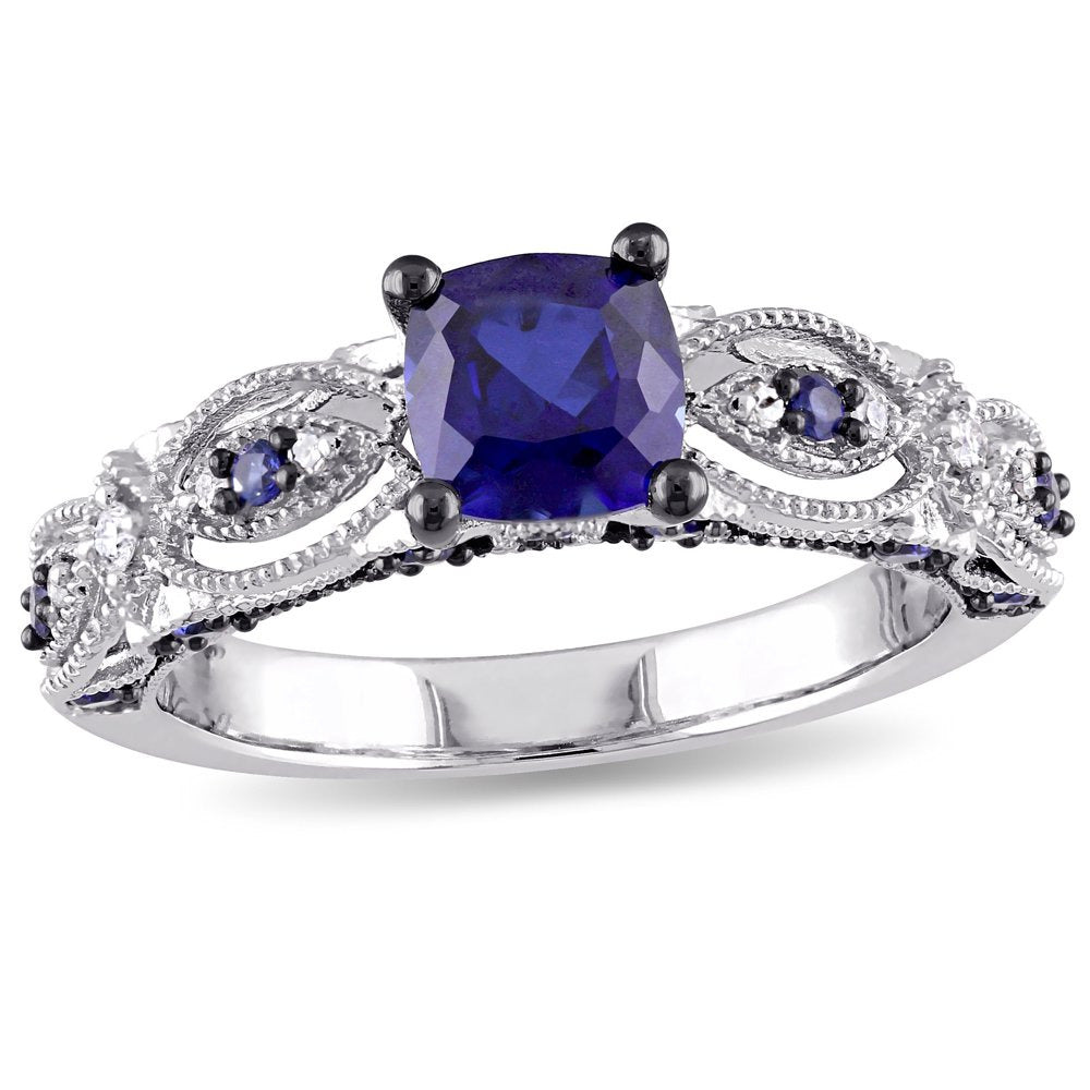 Miabella Women'S 1 5/8 Carat T.G.W. Cushion-Cut Created Blue Sapphire and Diamon