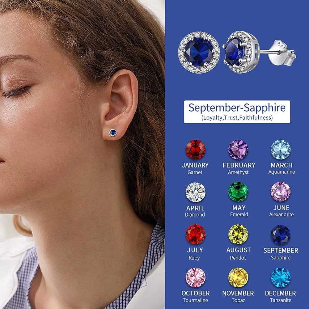 Birthstone Stud Earrings 925 Sterling Silver with Cubic Zirconia Crystal - Septe