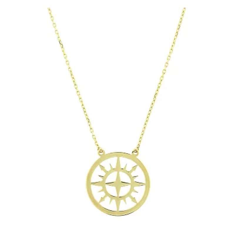 14K Yellow Gold Compass Disk Necklace, 16-18"