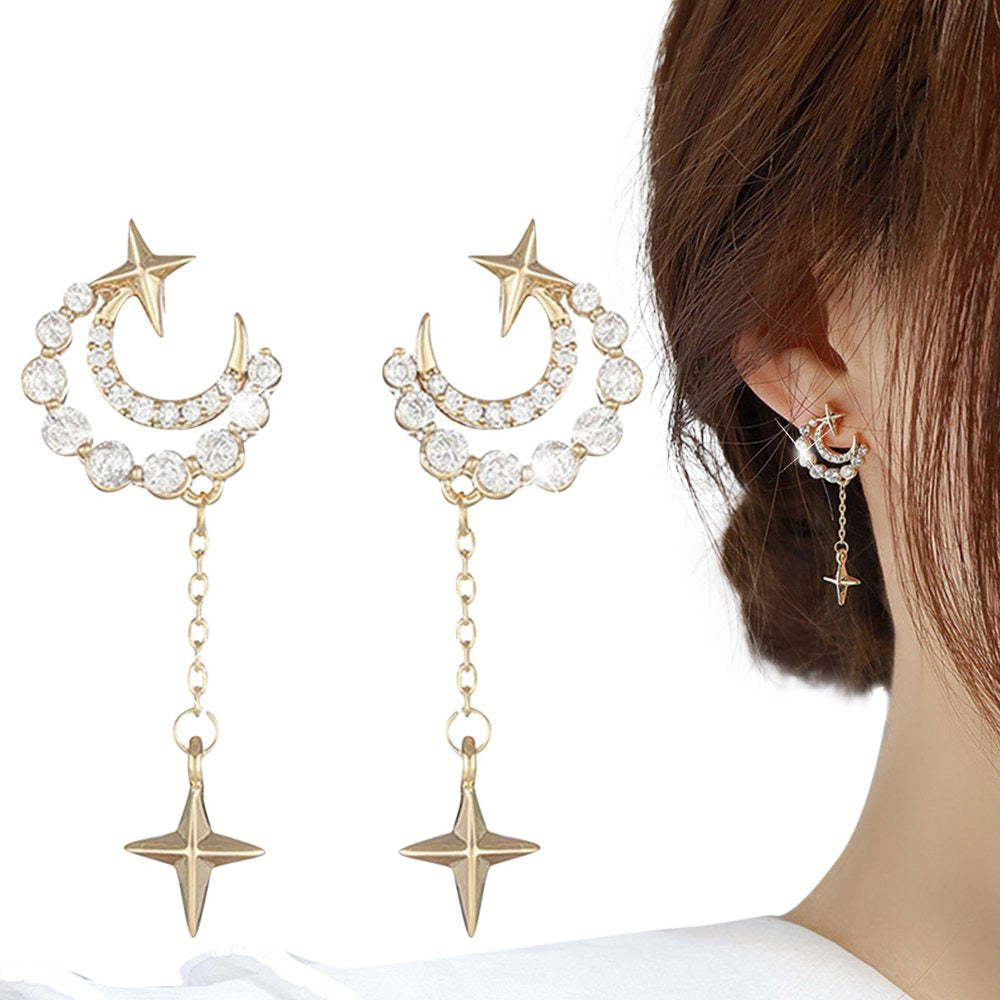 14K Gold Plated Hook Earrings Star Moon Diamond Earrings Women Fashion Trend Zir