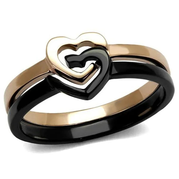 Stainless Steel Black & Rose Gold Ion Plated 2 Piece Heart Fashion Ring Size 5-1