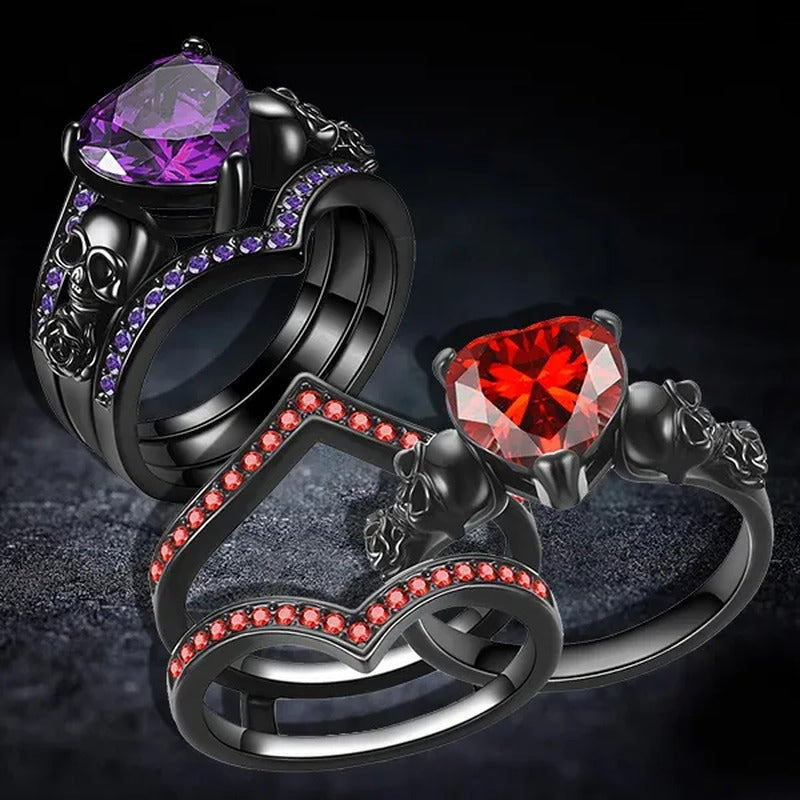 Gothic Black Rose Flower Skull Engagement Rings Set Red Purple Heart-Shaped Zirc