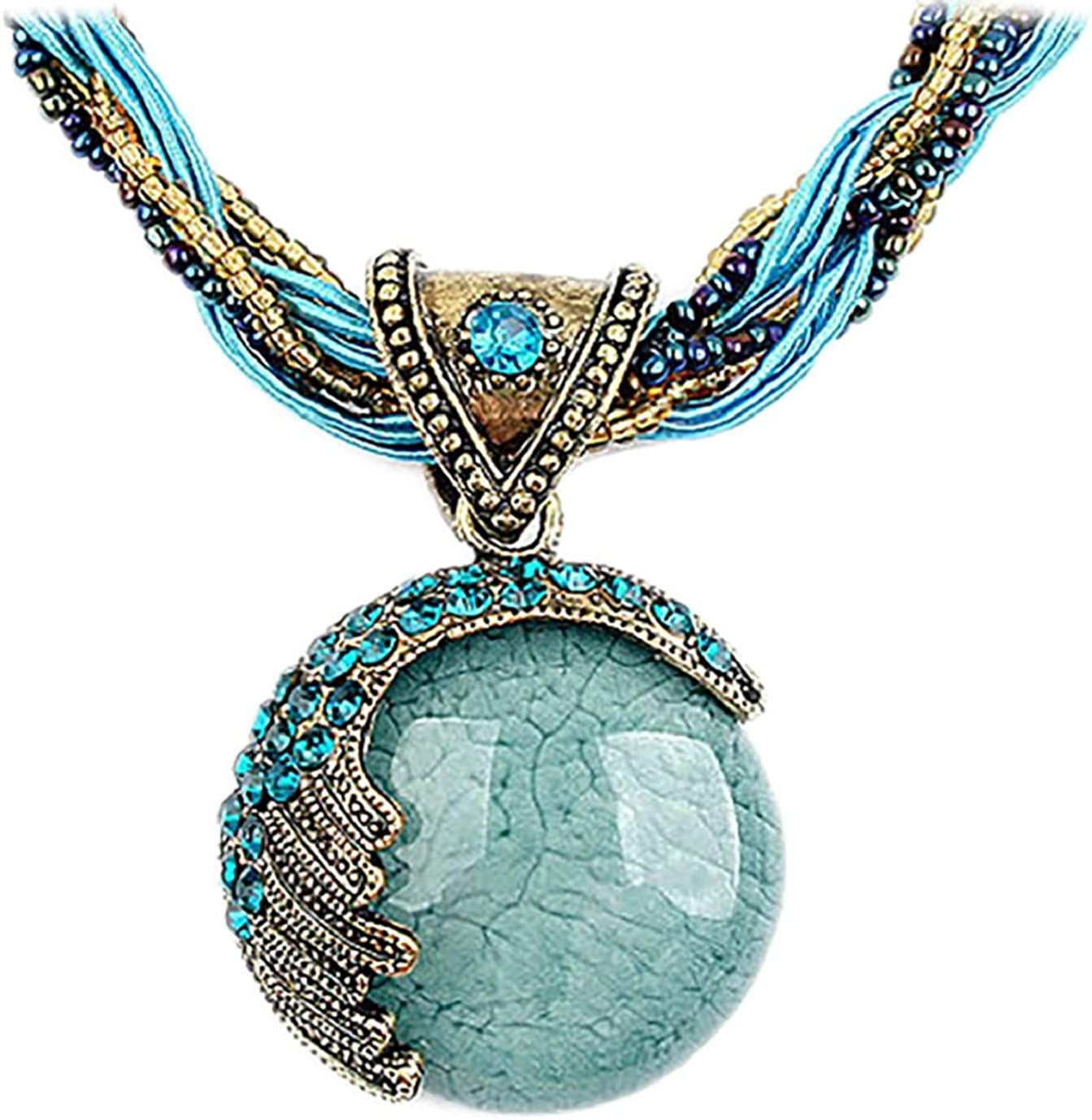 Women Lady Retro Vintage Bohemian Style Turquoise Rhinestone Pendant Collar Chai