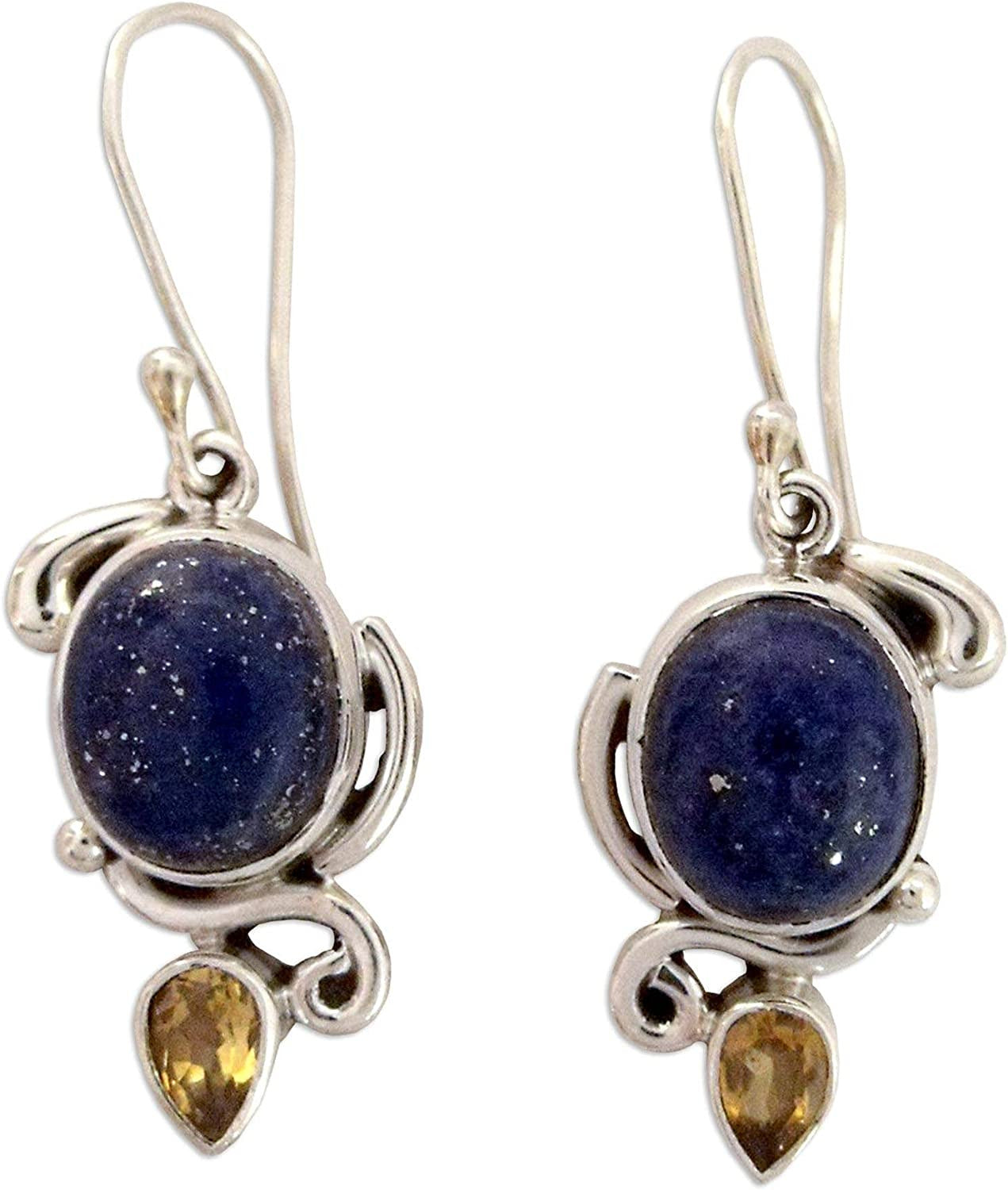 Lapis Lazuli and Citrine Dangle Earrings in 925 Sterling Silver Settings 'Royal