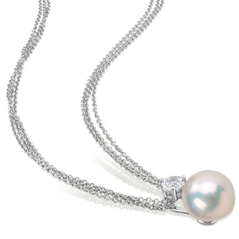 11-12 Mm White round Cultured Freshwater Pearl and White Topaz Drop Pendant in S