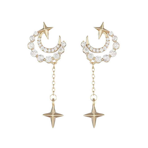 14K Gold Plated Hook Earrings Star Moon Diamond Earrings Women Fashion Trend Zir