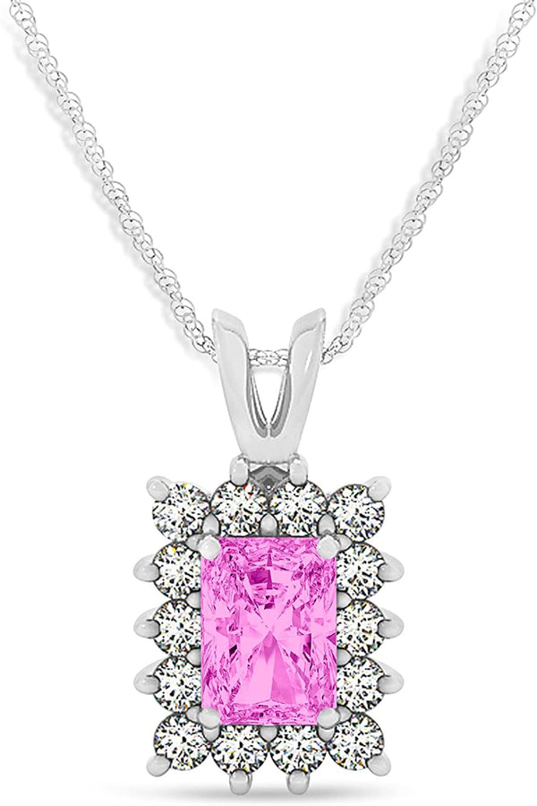 (2.80Ct) Emerald Shape Pink Sapphire and Diamond Pendant Necklace 14K White Gold