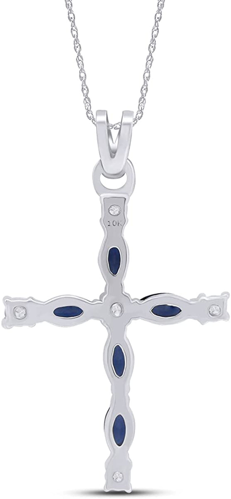 Marquise Cut Simulated Blue Sapphire White Diamond Cross Pendant Necklace in 10K