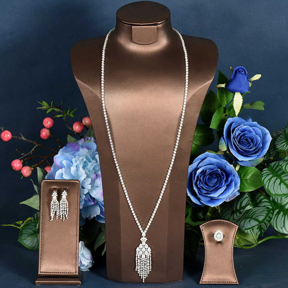 Luxury 3PCS Long Sweater Chain Necklace Earring Sets for Women Bridal Wedding Cu