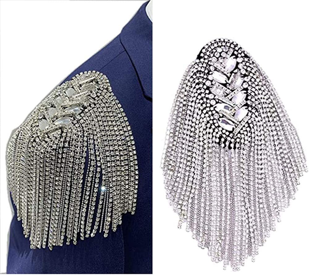 2Pcs Rhinestone Tassel Shoulder Epaulet Spike Chain Shoulder Badge Brooch Pins f