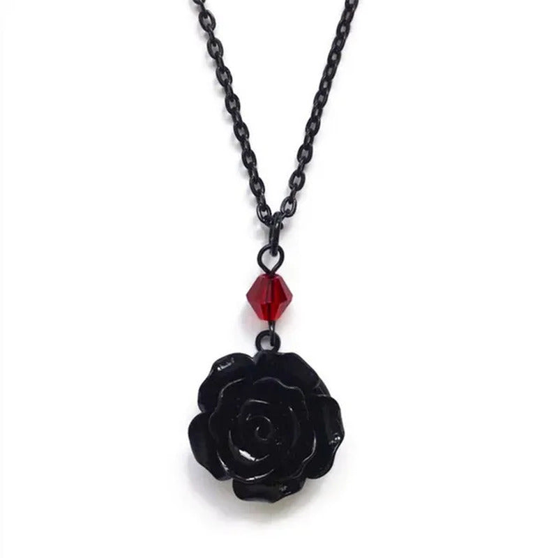 Black Rose Gothic Necklace with Red Bead, Victorian Pendant, Gothic Jewelry, Rom