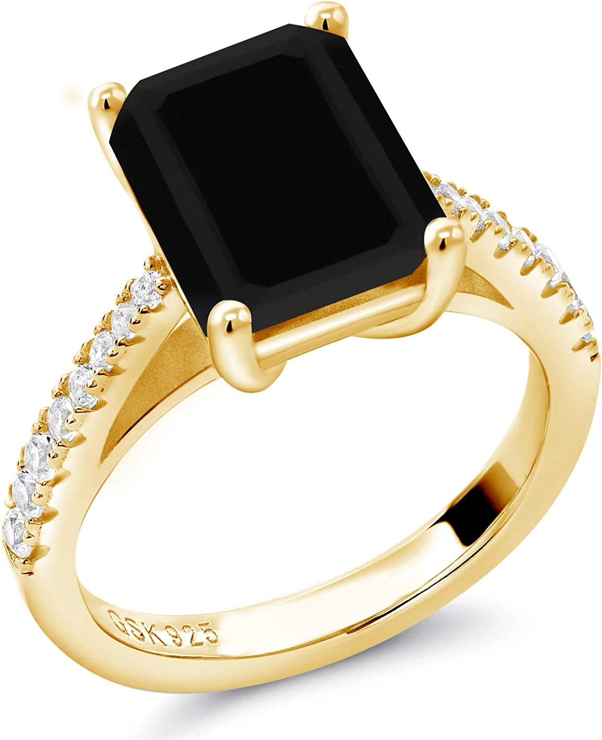 18K Yellow Gold Plated Silver Black Onyx and White Created Sapphire Ring for Wom