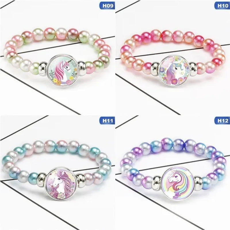 12 Styles Cute Unicorn Glass Rainbow Beads Bracelets & Bangles for Kids Girls Pa